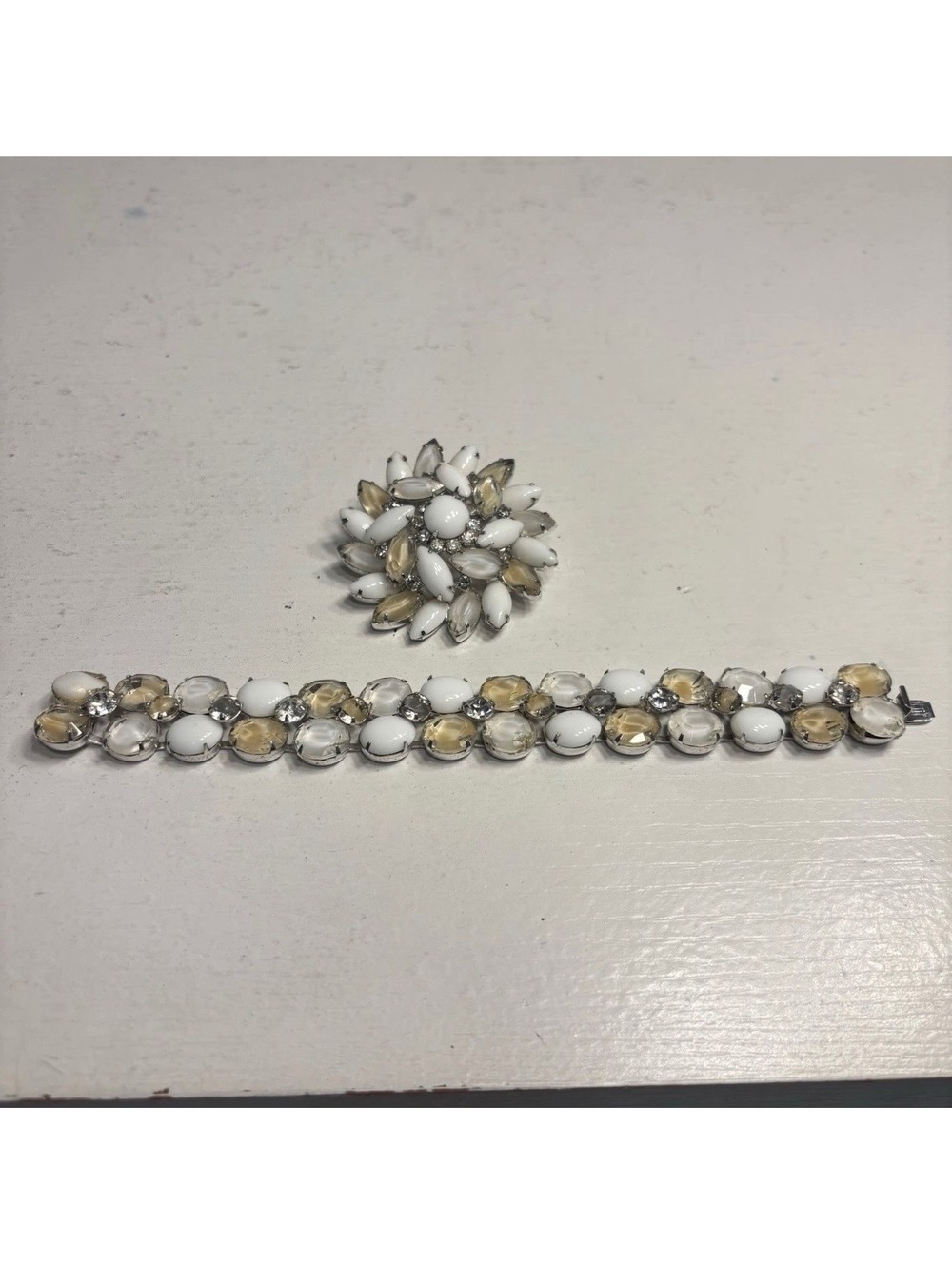Vintage Kramer of New York Givre & Milk Glass Rhinestone Brooch and Earrings Set